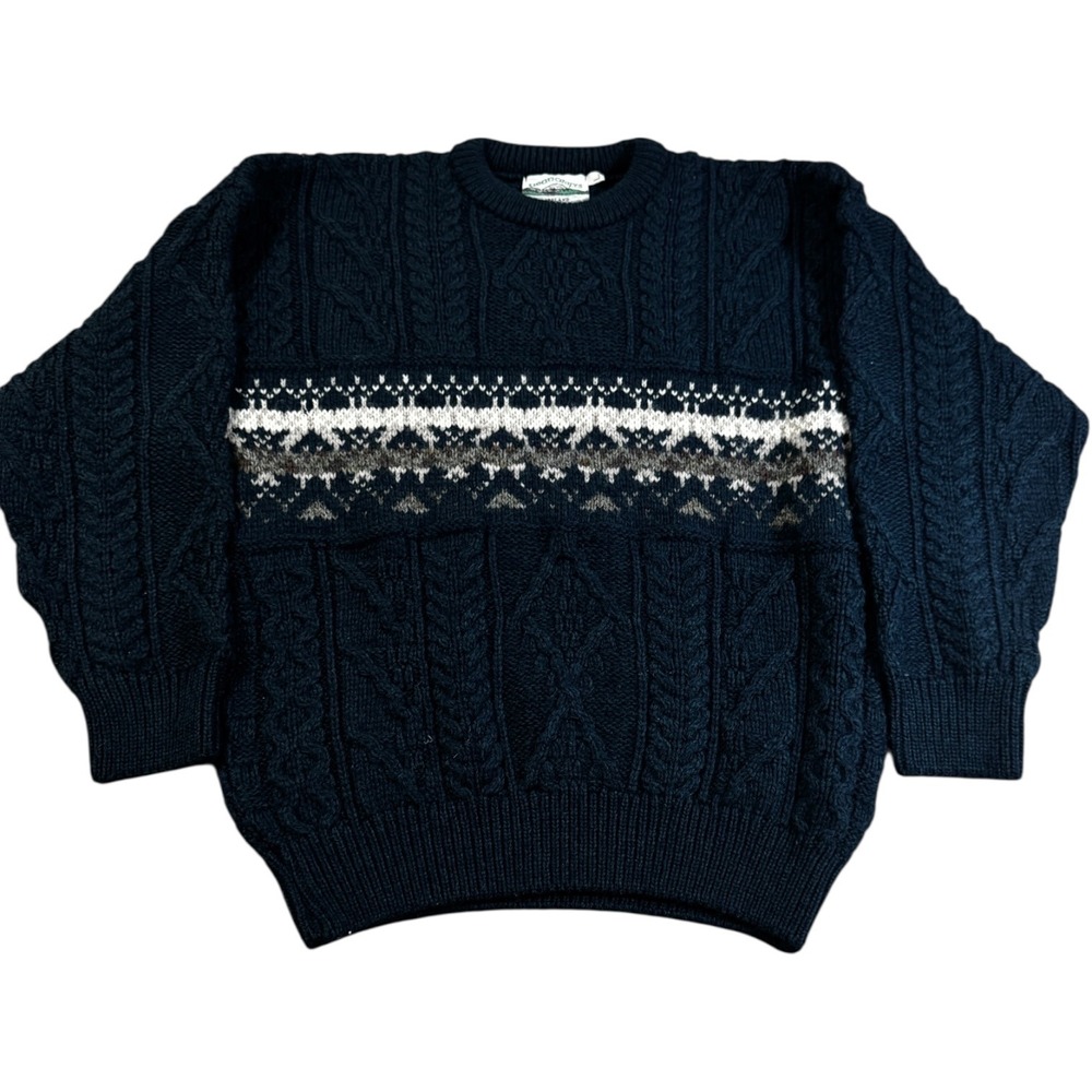 Aran Crafts Sweater Mens Large Navy Blue Wool Irish Cable Knit Fair Isle Vintage